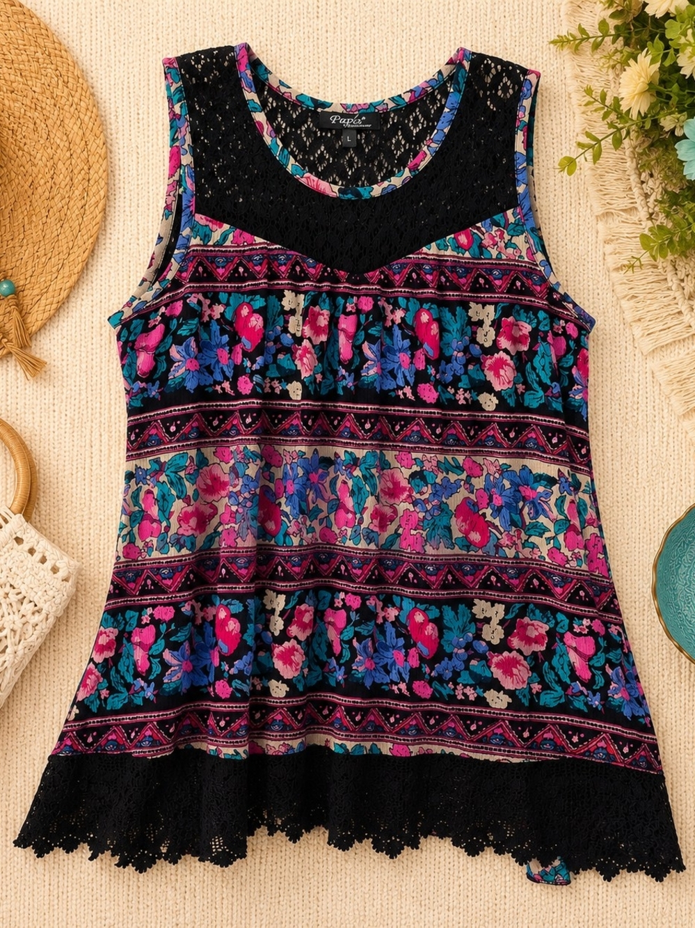 Papa Vancouver Floral Lace Hem Boho Tunic Large
